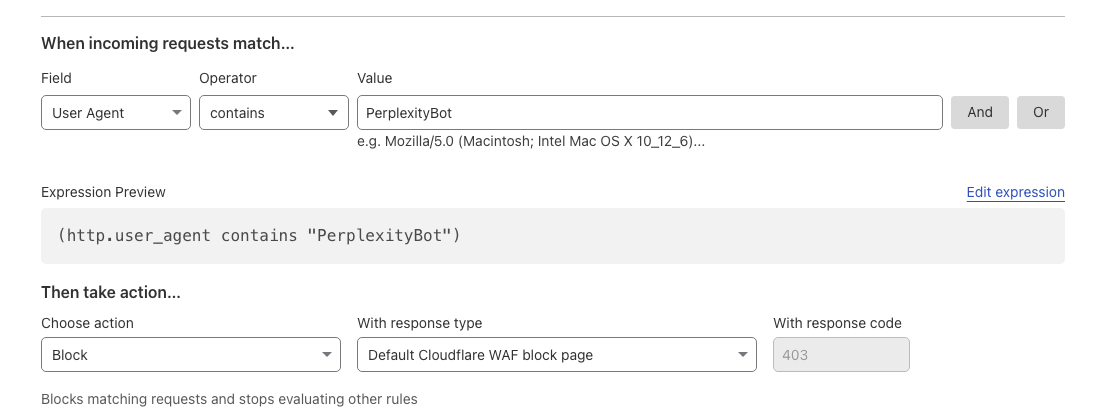 A screenshot showing how to block PerplexityBot in CloudFlare