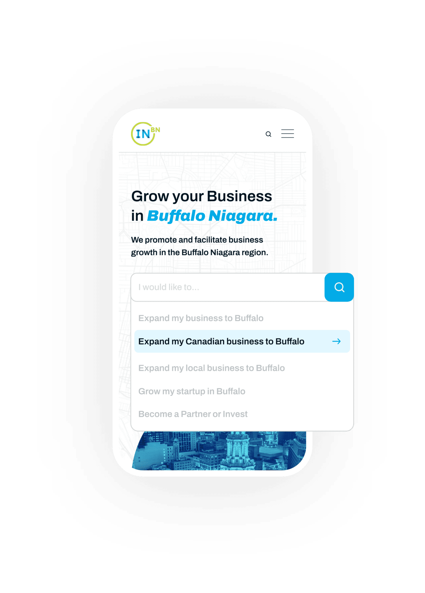 Invest Buffalo Niagara Mobile website shown on mobile device