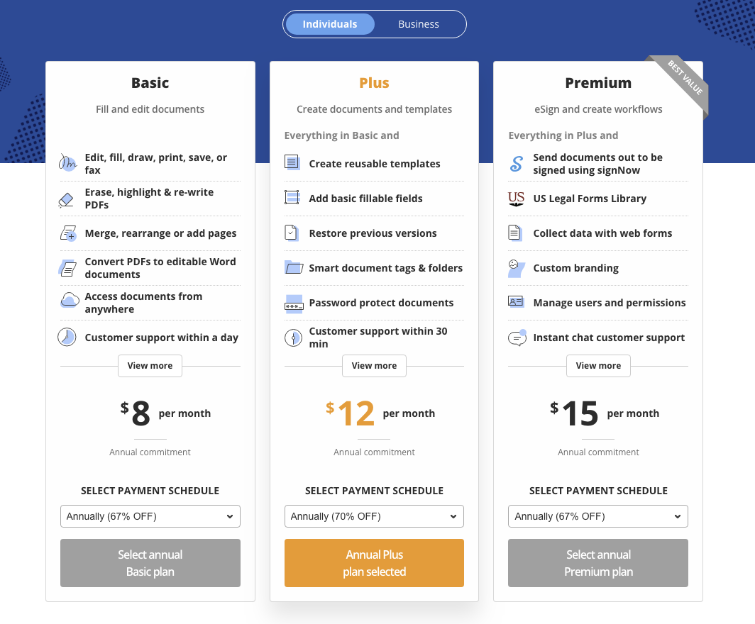 PDFFiler Pricing Chart. Our discount is applied to the prices pictured